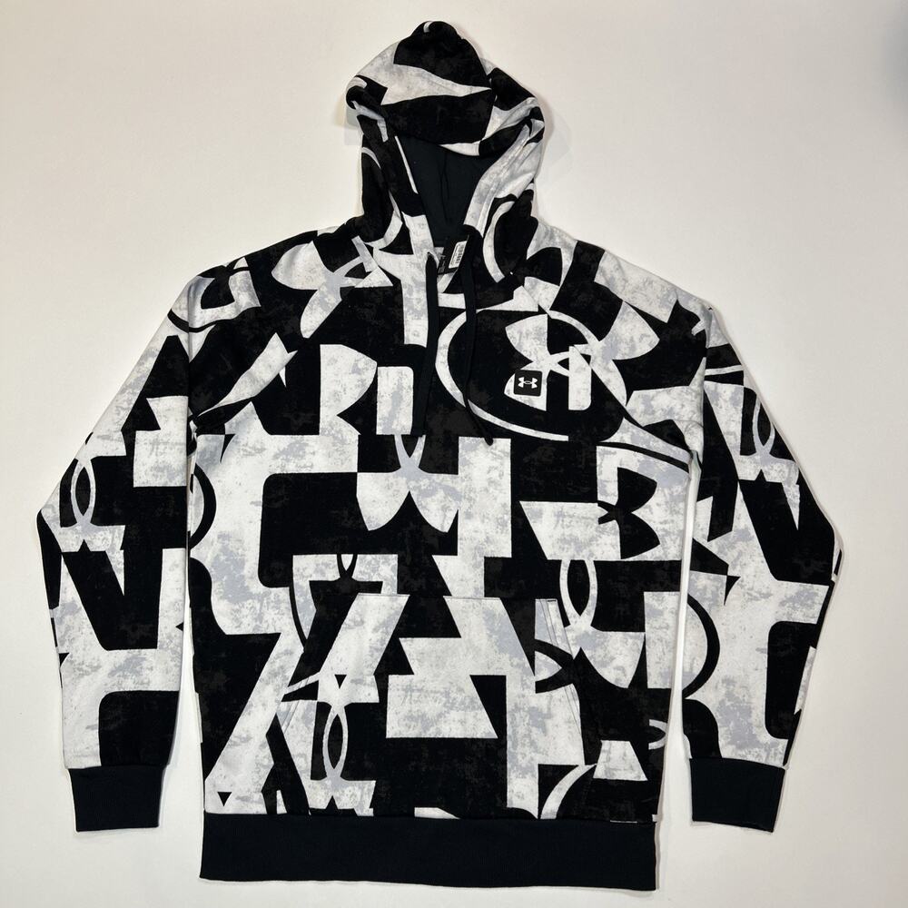 Under Armour Hoodie Mens Size Medium Loose Fit Black White AOP Logo Sweatshirt